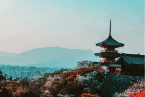 Kyoto, JapanRed and Black Temple Surrounded by Trees 